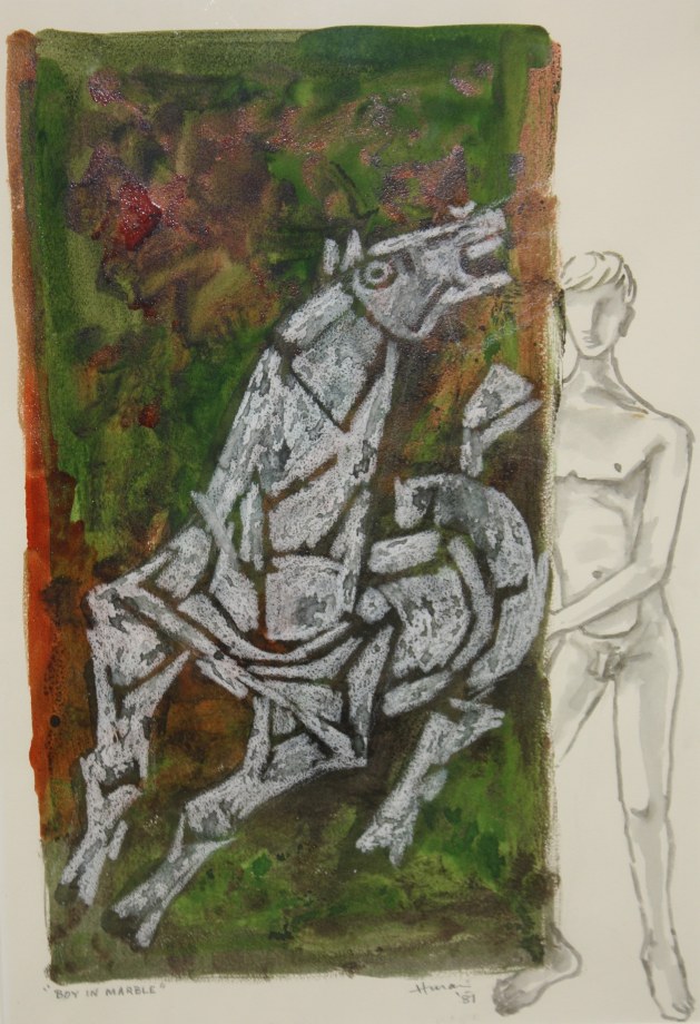 M. F. Husain,&nbsp;Boy in Marble,&nbsp;1981,&nbsp;Watercolor and mixed media on paper, 18 x 12 in, &nbsp;