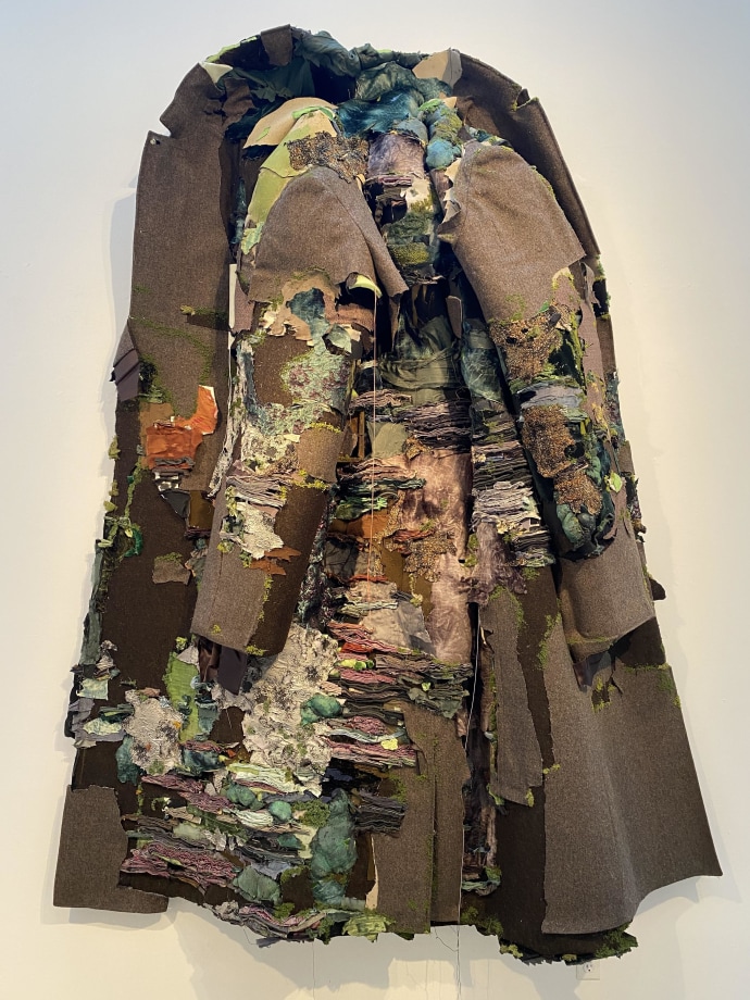 Ruby Chishti  An intangible sanctuary of ocean and starts II, 2020  Men&rsquo;s vintage wool overcoat, cloth, thread flicking powder, wood, paint, archival glue, dried moss  100h x 74w x 14d in