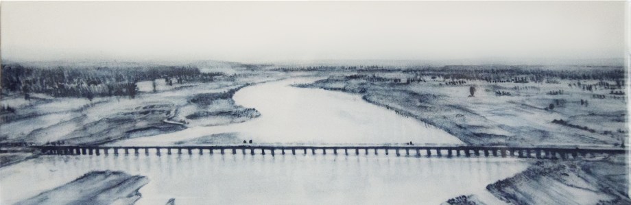 Saba Qizilbash,&nbsp;New bridge over Ravi,&nbsp;2020, Soluble graphite and resin on paper mounted on wood, 4 x 12 in&nbsp;