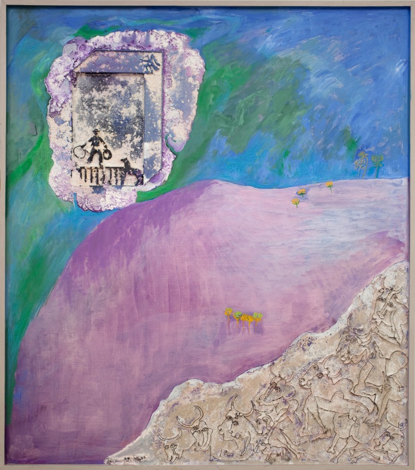 Mohan Samant,&nbsp;Arizona Beef, 2000, Mixed media with wire drawings on canvas, 69 x 61 in (175.3 x 154.9 cm), SAMMO025
