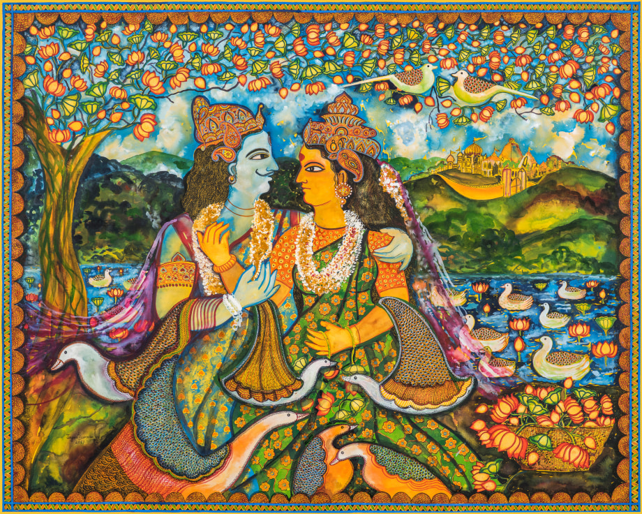 Jayasri Burman, Draupadi and Arjun,&nbsp;2017,&nbsp;Watercolor, pen&nbsp;and ink on paper,&nbsp;48 x 60 in