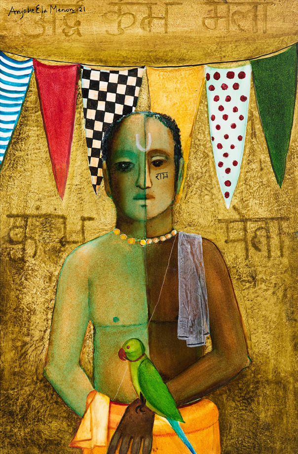 Anjolie Ela Menon painting of a figure in front of multi coloured bunting