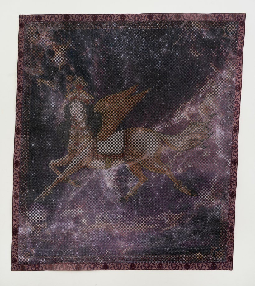 Woven paper artwork reminiscent of an oriental rug - central figure is a mythical horse with wings and a female human head