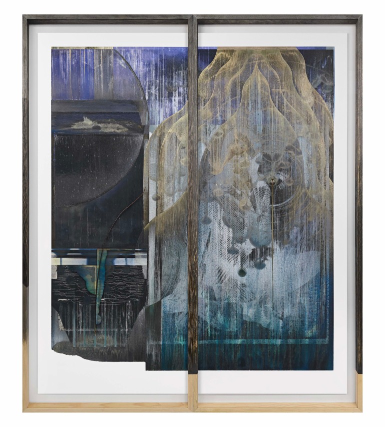 Omar Barquet, Alejandra (for H. Rousseau), 2024. Mixed media collage, digital print, lacquer oil paint, color pencil, wood fragments, seashells and synthetic hair, custom artist&rsquo;s frame, 79 x 68 x 3 1/8 inches.