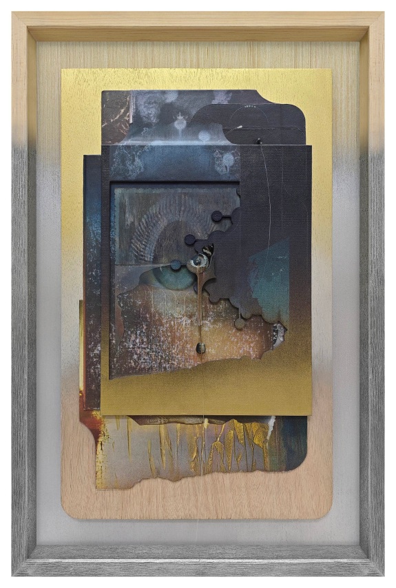 Omar Barquet, 1st Vision, The origin of myths (after O. Redón), 2024. Mixed media collage, lacquer oil paint, color pencil, wood and polaroid fragments, pearl, seashells, butterfly wing and synthetic hair on book covers, custom artist&rsquo;s frame, 23 5/8 x 15 3/4 x 2 inches.