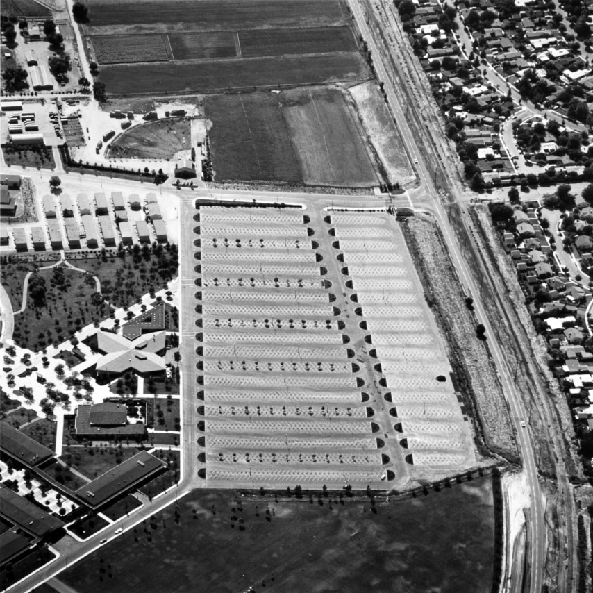 Ed Ruscha,&nbsp;Pierce College, Woodland Hills&nbsp;from the series&nbsp;Parking Lots, 1967/1999. 15 x 15 inches on a 20 x 16 sheet.