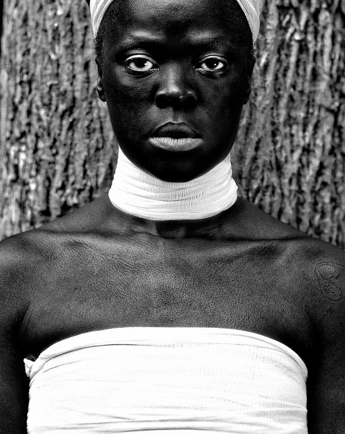 Gcina I, Cassilhaus, Chapel Hill North Carolina,&nbsp;2016. From the series&nbsp;Somnyama Ngonyama.&nbsp;Gelatin silver print,&nbsp;19 1/2&nbsp;x 15 1/2&nbsp;inches.