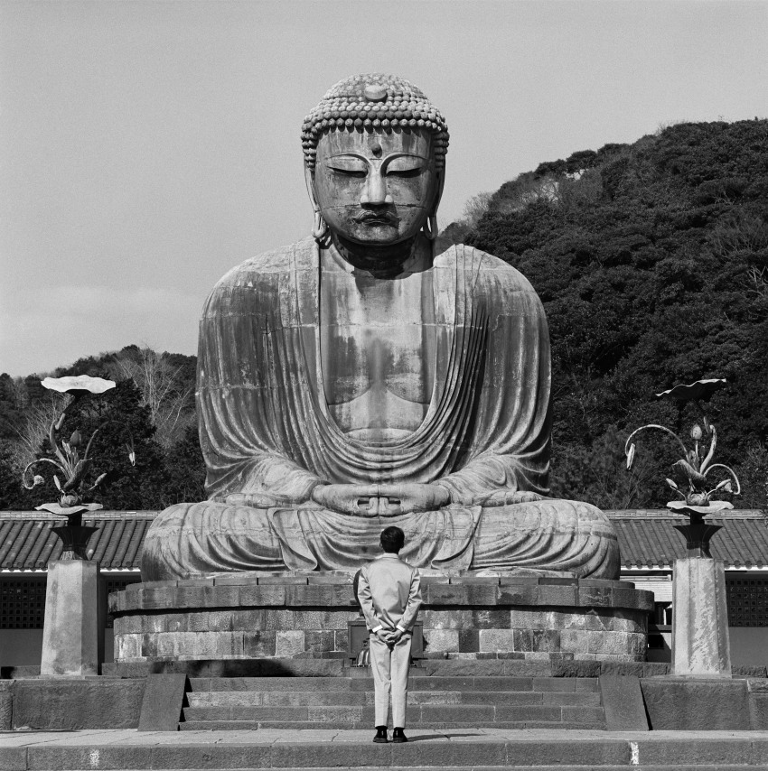 Tseng Kwong Chi, Kamakura, Japan, 1988, from the series East Meets West. Gelatin silver print, image: 15 x 15 inches, frame: 24 x 24 inches.