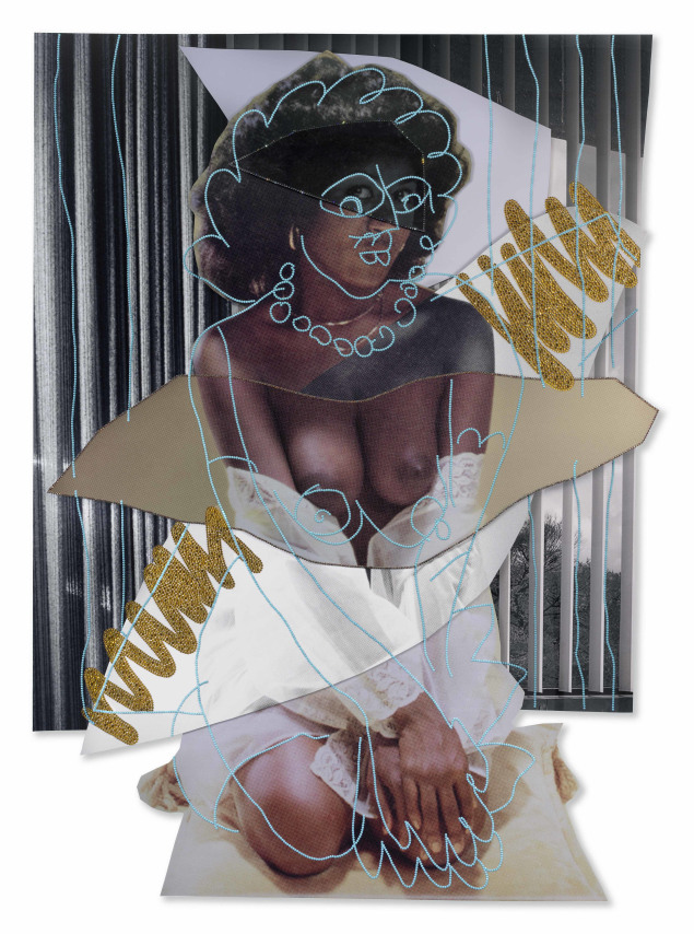 Mickalene Thomas,&nbsp;Back Cover 1981, 2023. Rhinestones on dye sublimation prints, 68 3/8 x 49 1/2 x 1 3/4 inches.