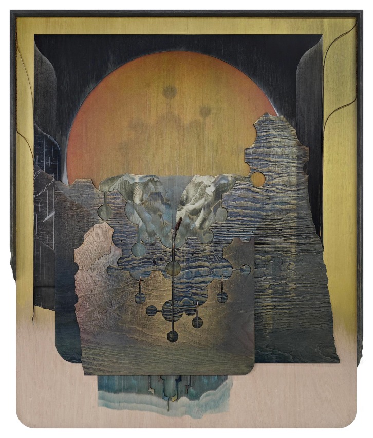 Omar Barquet, Arise (after The Ludovisi throne), 2024. Mixed media collage, digital print, lacquer oil paint, wood fragments, broken oyster and coconut branches, custom artist&rsquo;s frame, 69 x 56 x 2 1/2 inches.