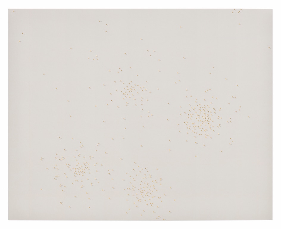 Halos, Gardner Museum&nbsp;445-031, 2018.&nbsp;Braille punch, gold leaf, and graphite on paper.