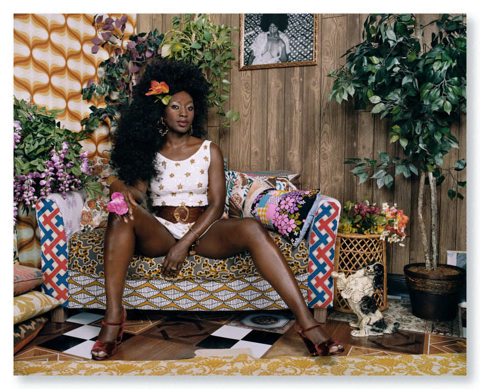 Mickalene Thomas, Qusuquzah with Pink Flower in Hand, 2018. Chromogenic&nbsp;print, 44 x 54 inches.&nbsp;