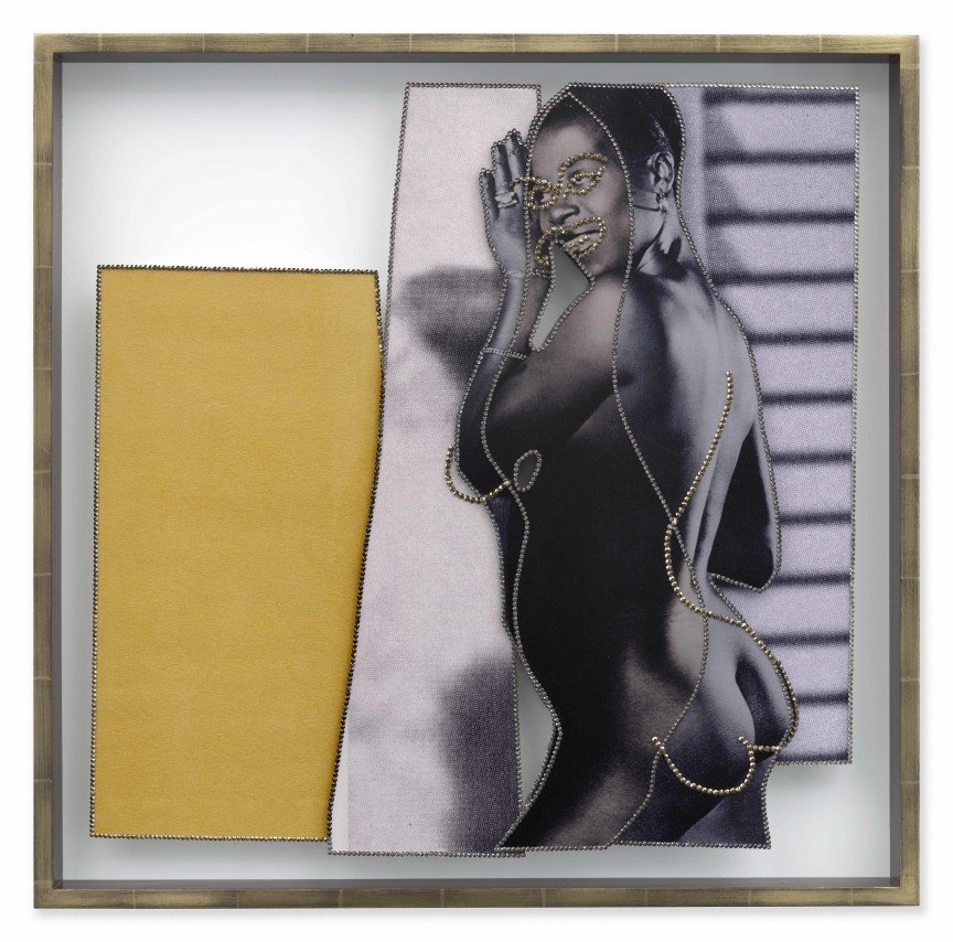 Mickalene Thomas,&nbsp;NUS Exotiques #2, 2023. Rhinestones on dye sublimation prints, 28 x 27 5/8 x 2 1/2 inches.