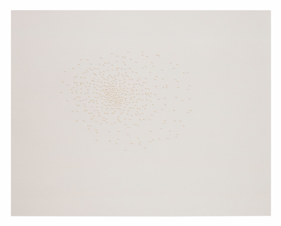 Halos, Gardner Museum&nbsp;445-016, 2018. Braille punch, gold leaf, and graphite on paper., &nbsp;