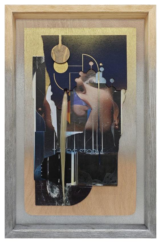 Omar Barquet, 5th Vision (The Eye Storm), 2024. Mixed media collage, lacquer oil paint, nails, wood fragments and synthetic hair on wood boards on custom artist&rsquo;s frame with museum glass, 22 13/16 x 15 x 2 inches.