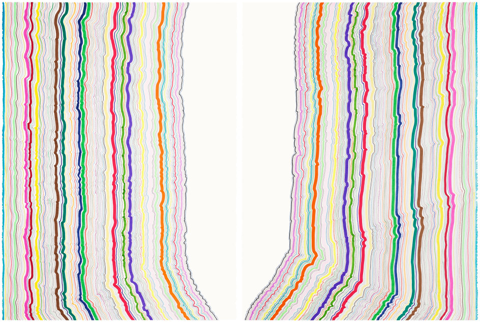 Rachel Perry, Chiral Lines 33,&nbsp;2018. Graphite, marker, ballpoint, colored pencil on paper. 30 x 22 3/8 inches each, 30 x 44 3/4 inches overall.&nbsp;