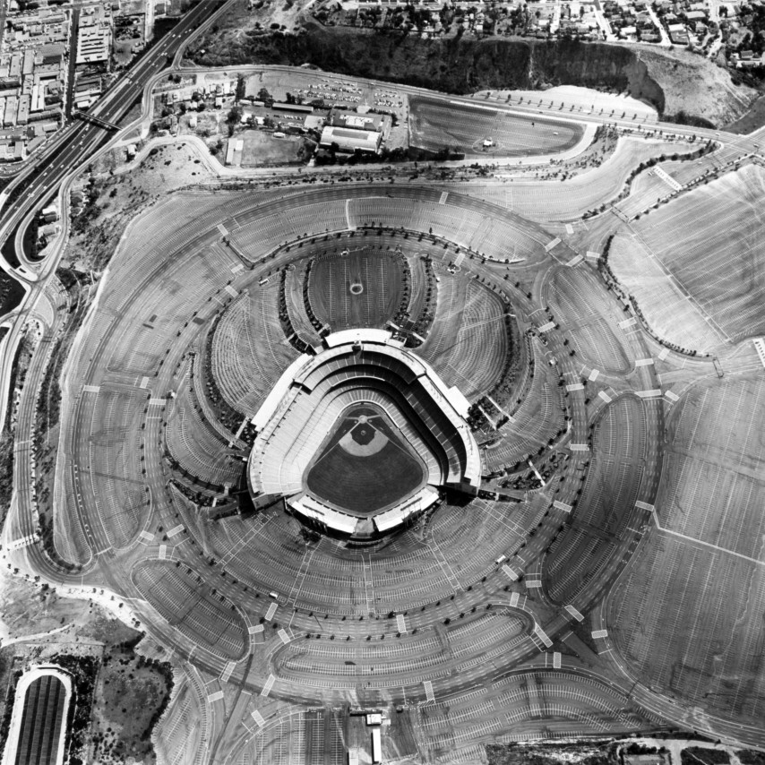 Ed Ruscha,&nbsp;Dodgers Stadium, 1000 Elysian Park Ave.&nbsp;from the series&nbsp;Parking Lots, 1967/1999. 15 x 15 inches on a 20 x 16 sheet.