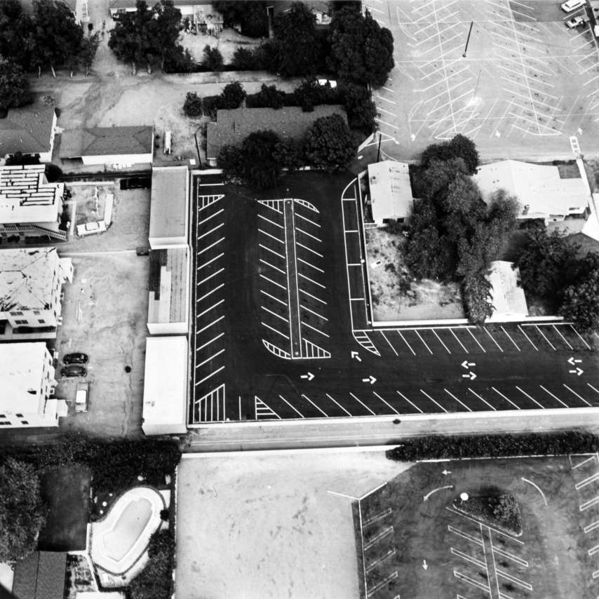 Ed Ruscha,&nbsp;Church of Christ, 14655 Sherman Way, Van Nuys&nbsp;from the series&nbsp;Parking Lots, 1967/1999. 15 x 15 inches on a 20 x 16 sheet.