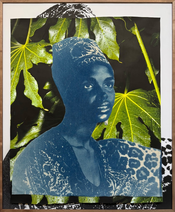 David Alekhuogie, Rene in Lagos, 1974/2024. Archival pigment print collage on canvas, 49 x 40 inches.