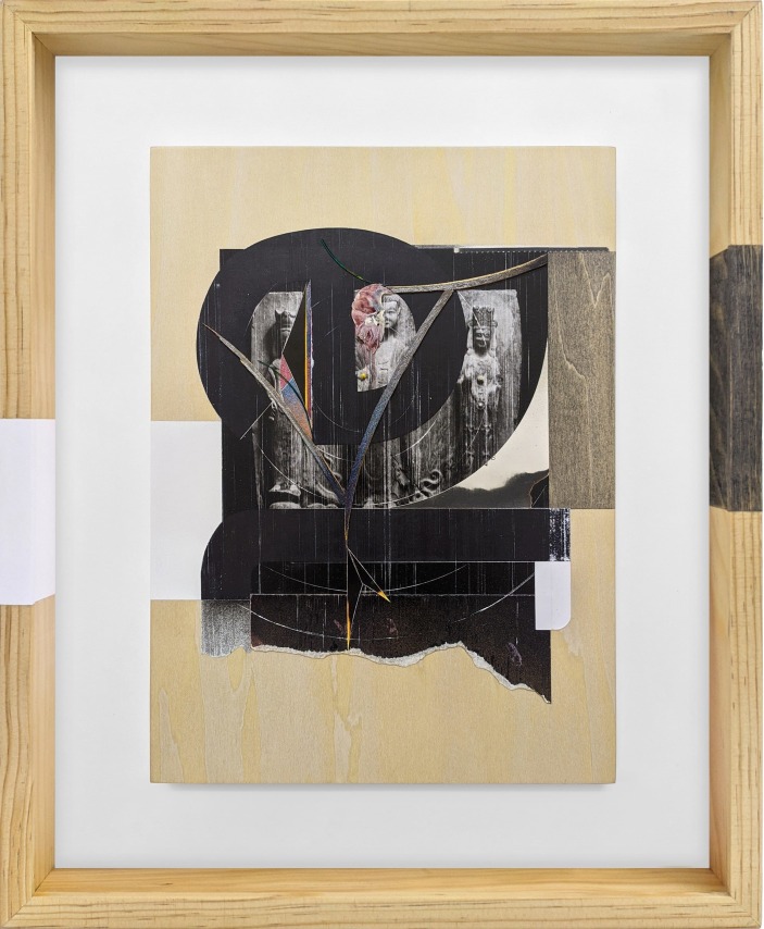 Omar Barquet,&nbsp;el, from the&nbsp;Syllables&nbsp;series,&nbsp;2022. Mixed media collage, wood and oyster shell fragments, silver and gold pin, metallic paper, peacock feather, enamel and ink on printed paper, custom artist frame, 17 x 14 1/4 inches.