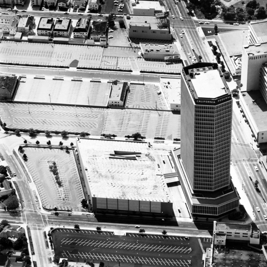 Ed Ruscha,&nbsp;5600-5700 Blocks of Wilshire Blvd.&nbsp;from the series&nbsp;Parking Lots, 1967/1999. 15 x 15 inches on a 20 x 16 sheet.