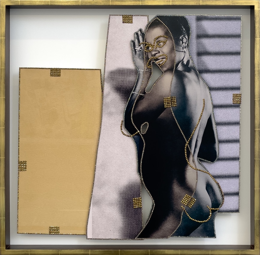 Mickalene Thomas,&nbsp;NUS Exotiques #2, 2023. Rhinestones on dye sublimation prints, 28 x 27 5/8 x 2 1/2 inches.