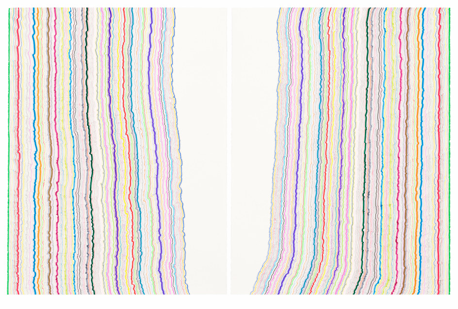 Rachel Perry,&nbsp;Chiral Lines 40, 2021. Marker, colored pencil, crayon on paper. 50 x 38 inches each panel, 50 x 76 inches overall.