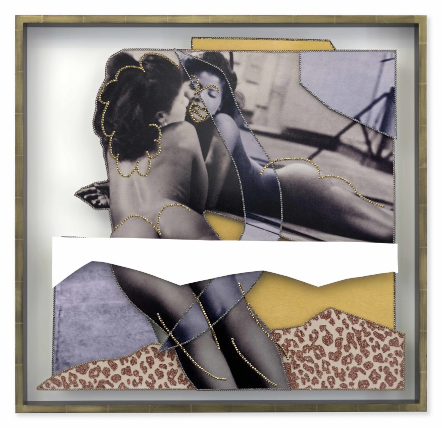 Mickalene Thomas, NUS Exotiques #5, 2023. Rhinestones on dye sublimation prints, 30 13/16 x 32 x 2 1/2 inches.
