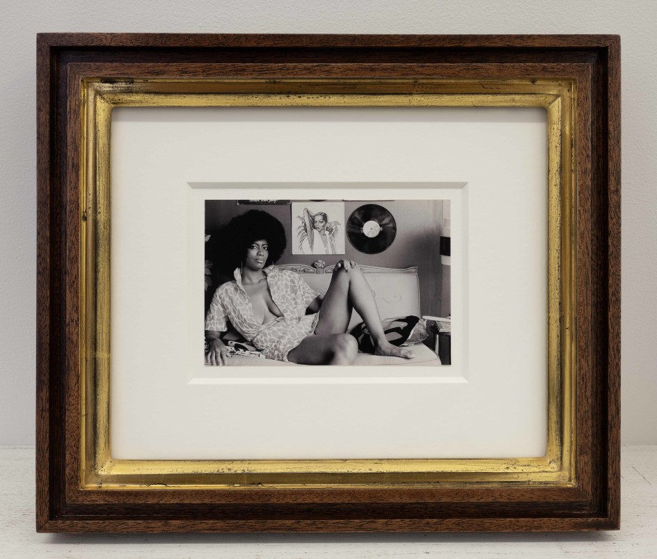 Mickalene Thomas, Remember Me, 2023. Archival pigment print, Image: 4 x 6 inches, Artist designed frame: 11 x 13 inches.