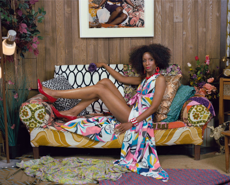 Mickalene Thomas,&nbsp;Everyone Loves Kalena, 2016. Chromogenic print, image: 39 1/4 x 49 3/4 inches, frame: 44 x 54 inches.