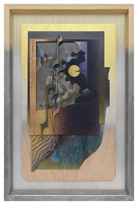 Omar Barquet, 6th Vision, La demeure de l&#039;&eacute;ternit&eacute; (for M. Butor), 2024. Mixed media collage, lacquer oil paint, canvas, wood and polaroid fragments, turtledove and peacock feathers, metal sphere, crystal stone on book covers, custom artist&rsquo;s frame, 23 5/8 x 15 5/8 x 2 inches.