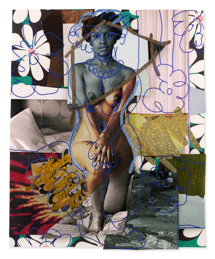 Mickalene Thomas,&nbsp;November 1977, 2023. Dye sublimation prints and rhinestones, 60 3/4 x 48 7/8 x 3 inches.