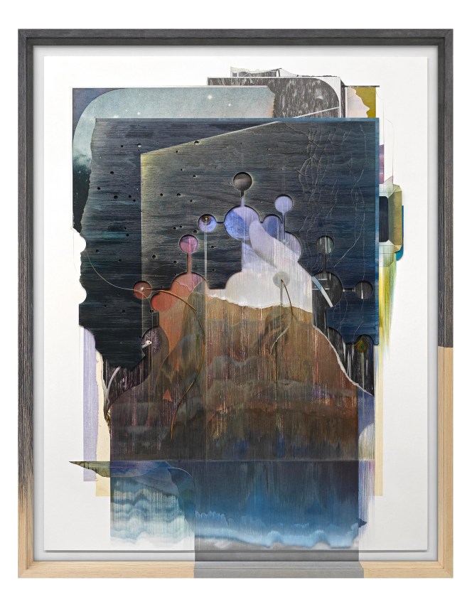 Omar Barquet, Barbarian poems (after P. Gaugin + M. Hosokura), 2024. Mixed media collage, digital print, lacquer oil paint, color pencil, wood fragments, pearl, peacock feather and synthetic hair, custom artist&rsquo;s frame, 59 x 46 x 3 1/8 inches.