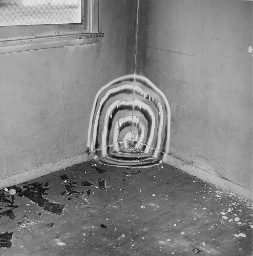 John Divola, Vandalism (74V17), 1974. Vintage gelatin silver print, Image: 7 x 7 inches, Frame: 14 x 18 inches.