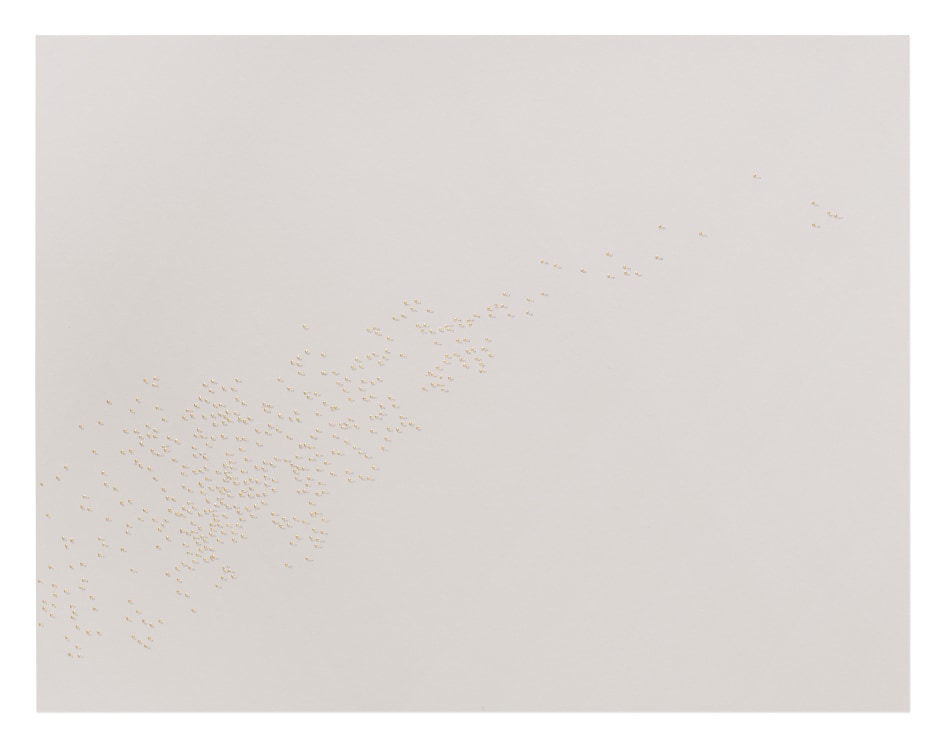 Halos, Gardner Museum&nbsp;445-022, 2018.&nbsp;Braille punch, gold leaf, and graphite on paper.