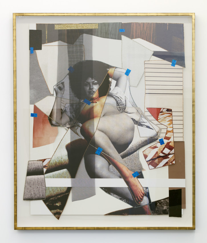 Mickalene Thomas,&nbsp;Jet Blue #24,&nbsp;2021. 67 3/4 x 56 3/4 inches. Color photograph, mixed media paper, acrylic paint, rhinestones, and fiberglass mesh on museum board mounted to dibond.&nbsp;&copy; Mickalene Thomas