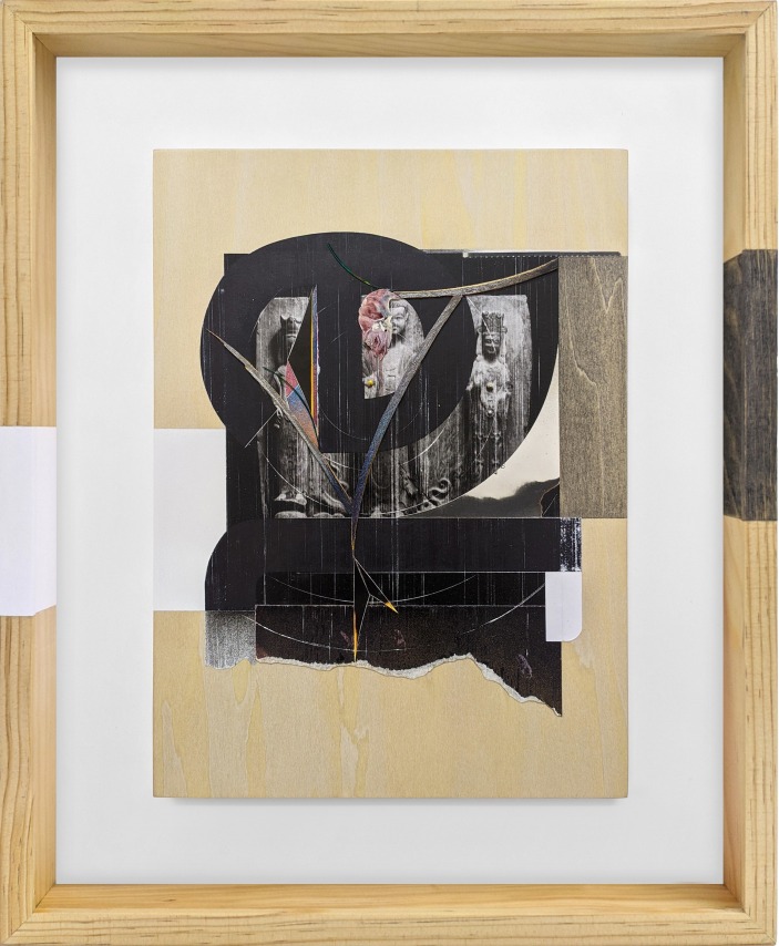 Omar Barquet,&nbsp;el (from the Syllables series), 2022. Mixed media collage comprised of wood and oyster shell fragments, silver and, gold pin, metallic paper, peacock feather, enamel and ink on printed paper, custom artist frame, 17 x 14 1/4 inches.