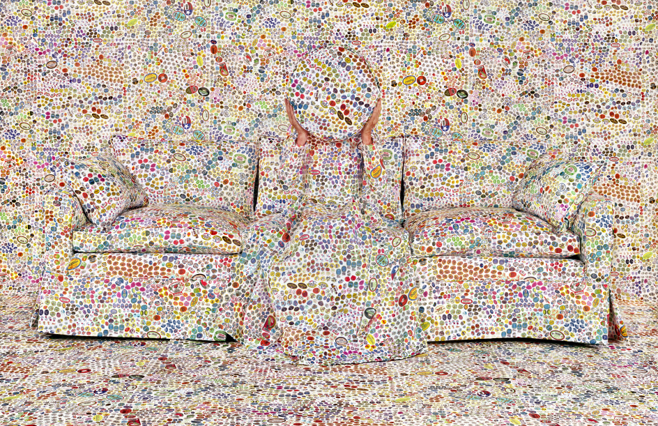 Rachel Perry,&nbsp;Lost In My Life (Fruit Stickers Seated with Round), 2019. Archival pigment print, 24 x 34 inches.&nbsp;