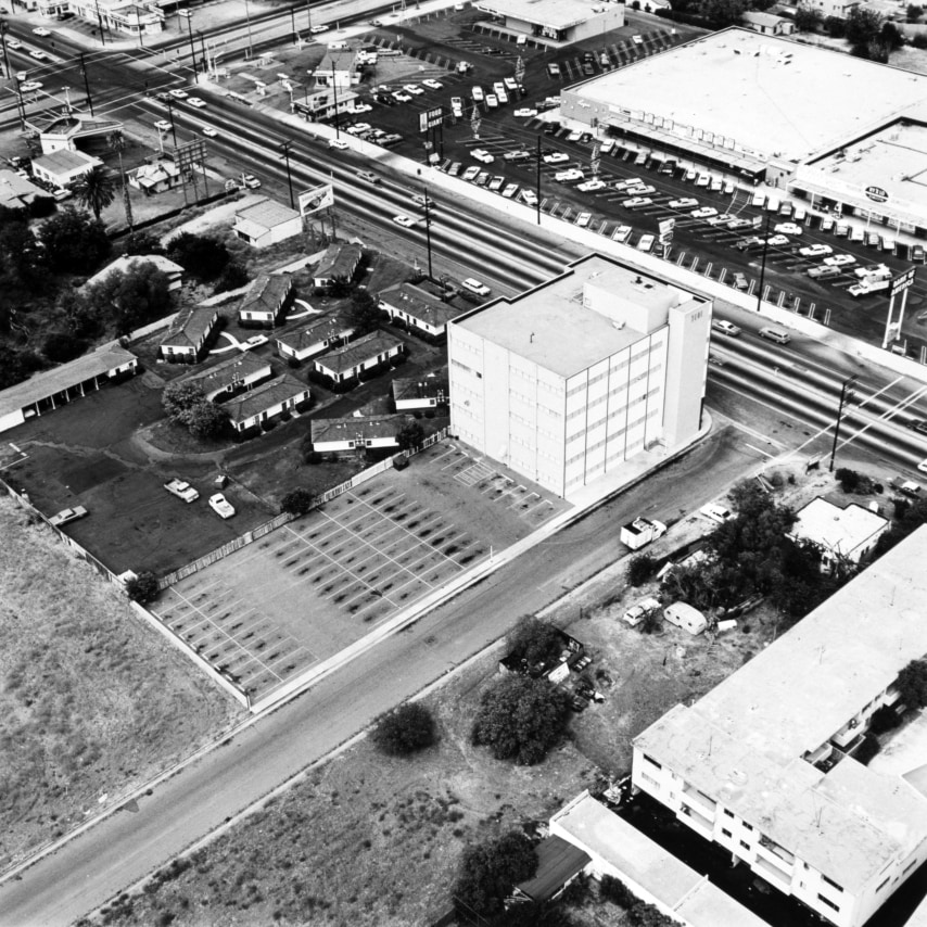 Ed Ruscha,&nbsp;7101 Sepulveda Blvd., Van Nuys&nbsp;from the series&nbsp;Parking Lots, 1967/1999. 15 x 15 inches on a 20 x 16 sheet.