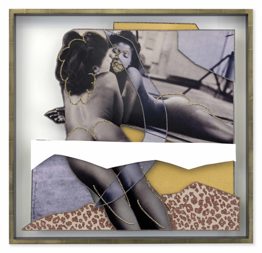 Mickalene Thomas,&nbsp;NUS Exotiques #5, 2023. Rhinestones on dye sublimation prints. 30 13/16 x 32 x 2 1/2 inches.