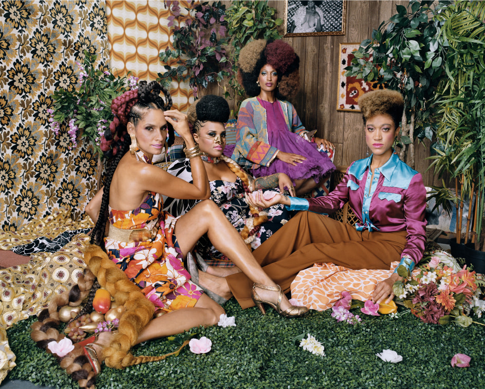 Mickalene Thomas,&nbsp;Racquel with Les Trois Femmes,&nbsp;2018. Chromogenic print, 48 x 60 inches.&nbsp;