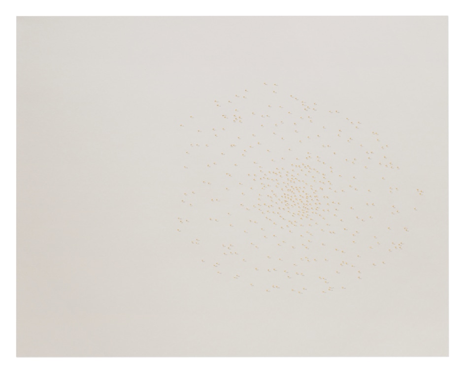 Halos, Gardner Museum&nbsp;445-017, 2018.&nbsp;Braille punch, gold leaf, and graphite on paper.