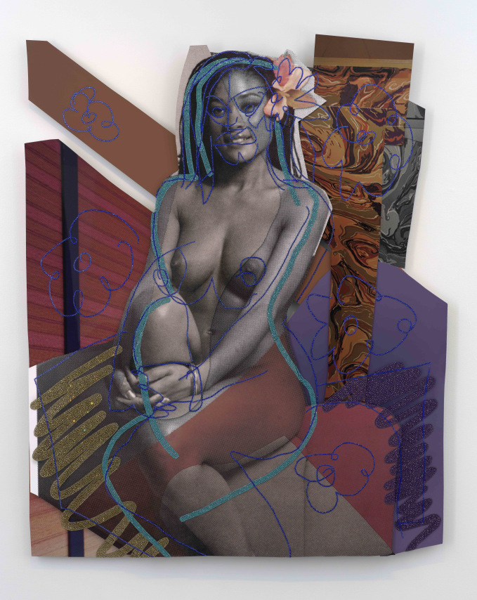 Mickalene Thomas,&nbsp;August 1981, 2023. Rhinestones on dye sublimation prints, 70 x 58 3/4 x 1 3/4 inches.