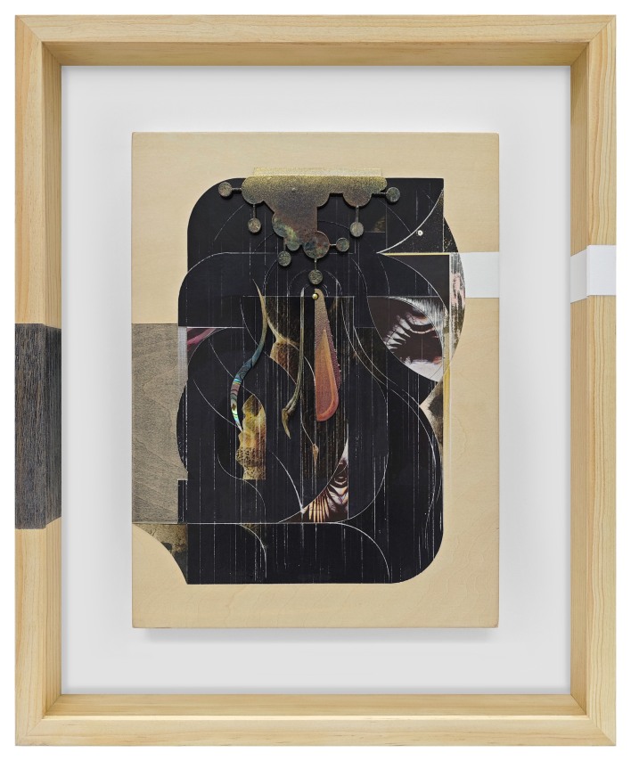 Omar Barquet, ta (from the Syllables series), 2024. Mixed media collage comprised of lacquer oil paint, ink, color pencil, fragments of wood, cardboard, canvas, seashell, nacre shell, pins on printed paper, custom artist frame, 17 x 14 1/4 inches.