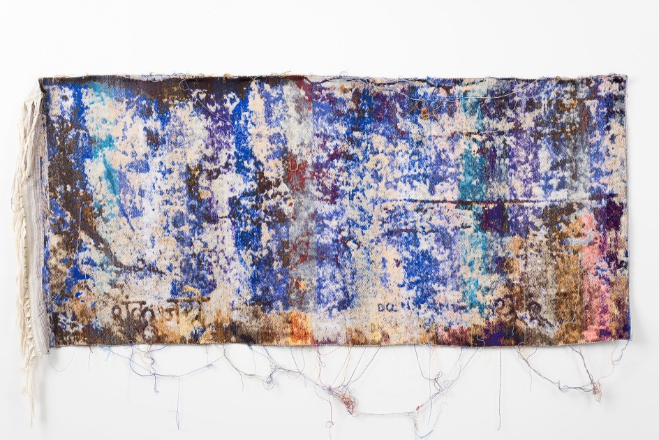 Laura Letinsky &amp;amp; John Paul Morabito, bloobluosVeresaittlaiment, 2016. Cotton and wool, 41 x 90 inches.