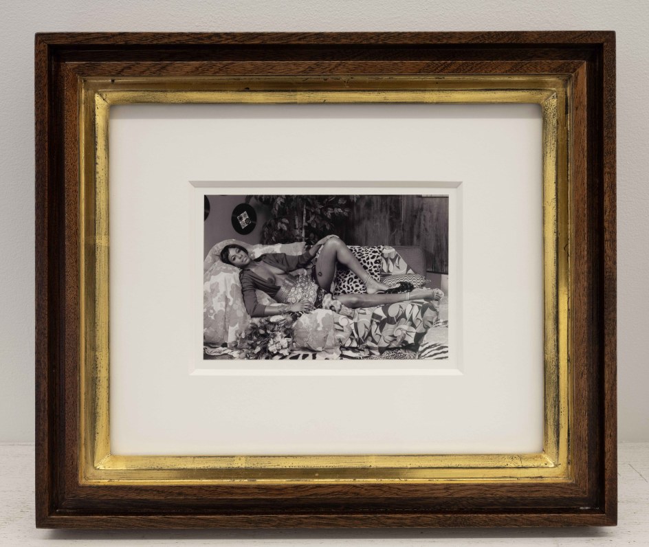 Mickalene Thomas, Tamika Sur Une Chaise Longue in Black and White, 2023. Archival pigment print, Image: 4 x 6 inches, Artist designed frame: 11 x 13 inches.