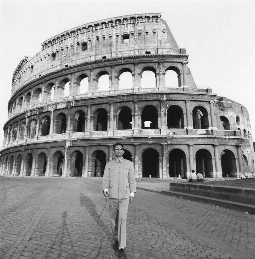 Tseng Kwong Chi,&nbsp;Rome, Italy,&nbsp;1989. Gelatin silver print, 38 x 38 inches.