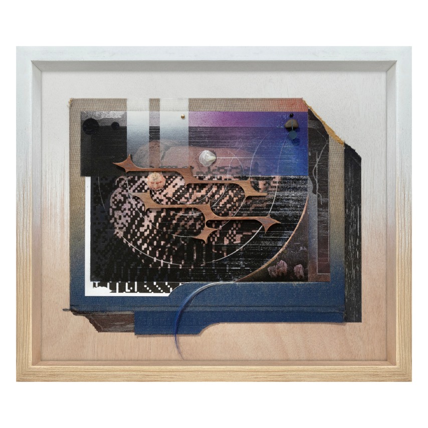 Omar Barquet,&nbsp;Waisenpsalmen III, 2023. Assemblage, book cover, wood, lacquer oil paint, digital print on paper, synthetic hair, seashell, nail, pearl, artist&#039;s frame Lightbox, 14 x 17 x 2 inches.