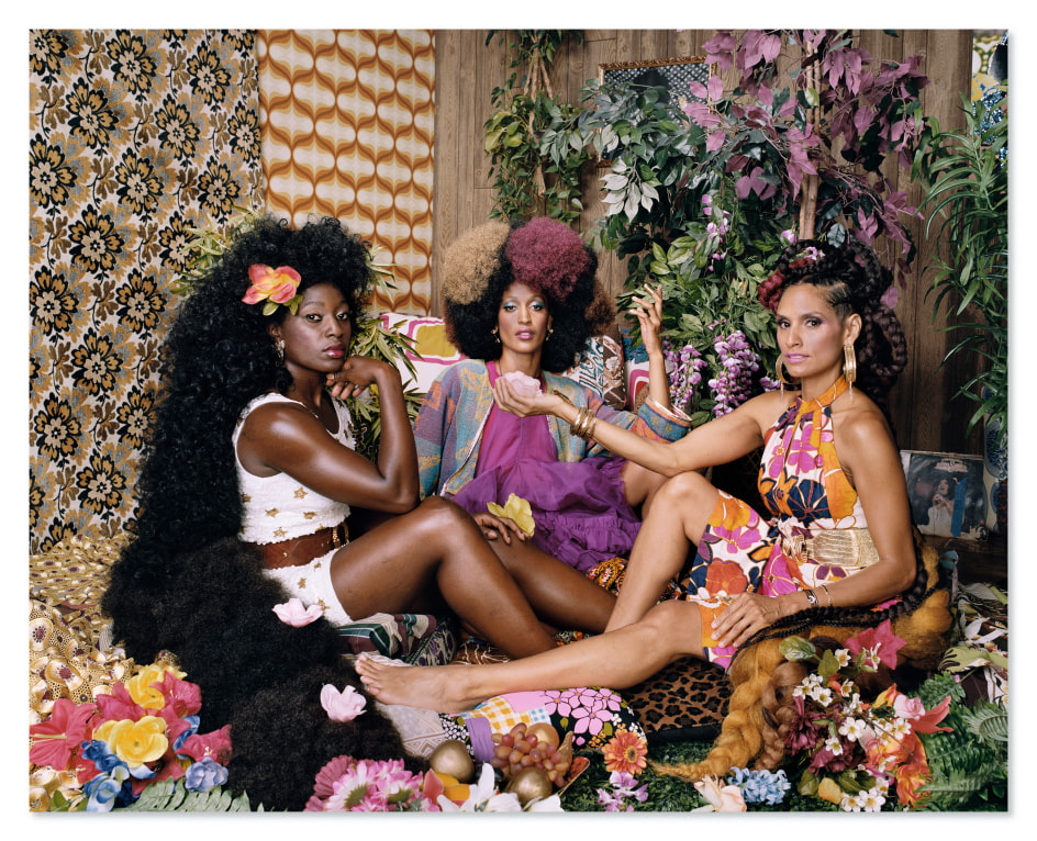 Mickalene Thomas,&nbsp;Les Trois Femmes Deux, 2018. Chromogenic print, 52 x 64 inches.