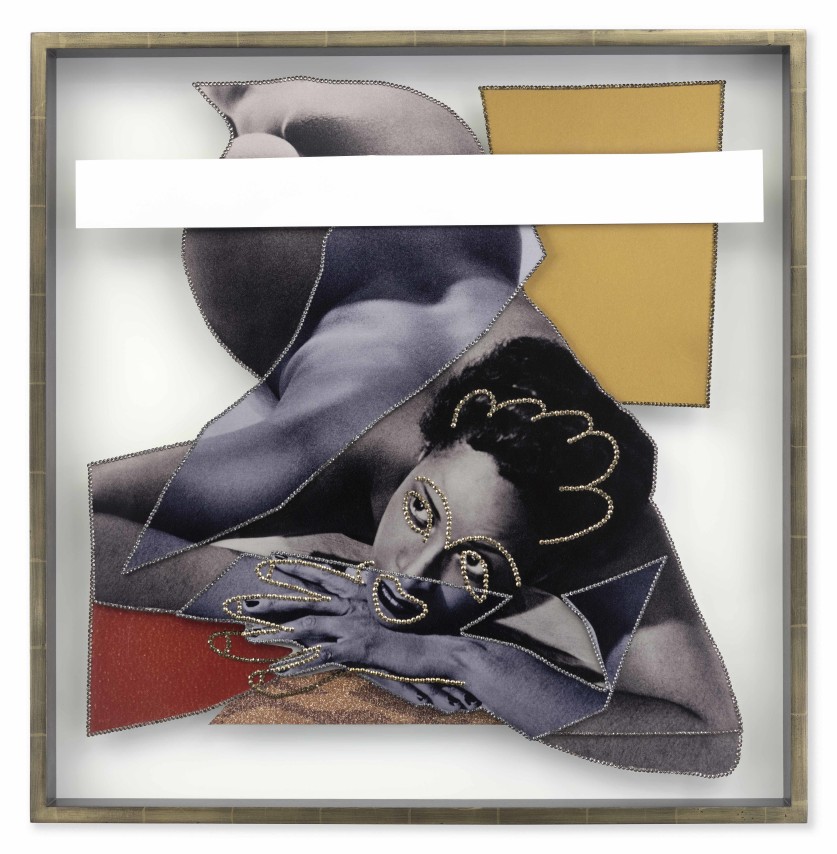 Mickalene Thomas,&nbsp;NUS Exotiques #1, 2023. Rhinestones on dye sublimation prints, 29 x 28 1/2 x 2 1/2 inches.